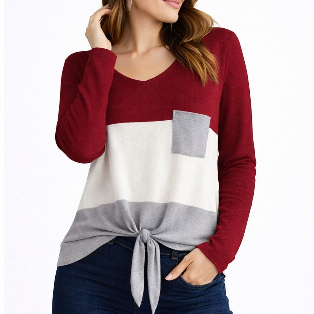 💕 Colorblock Lightweight Knit Top Relaxed Fit Tie Hem - Size L